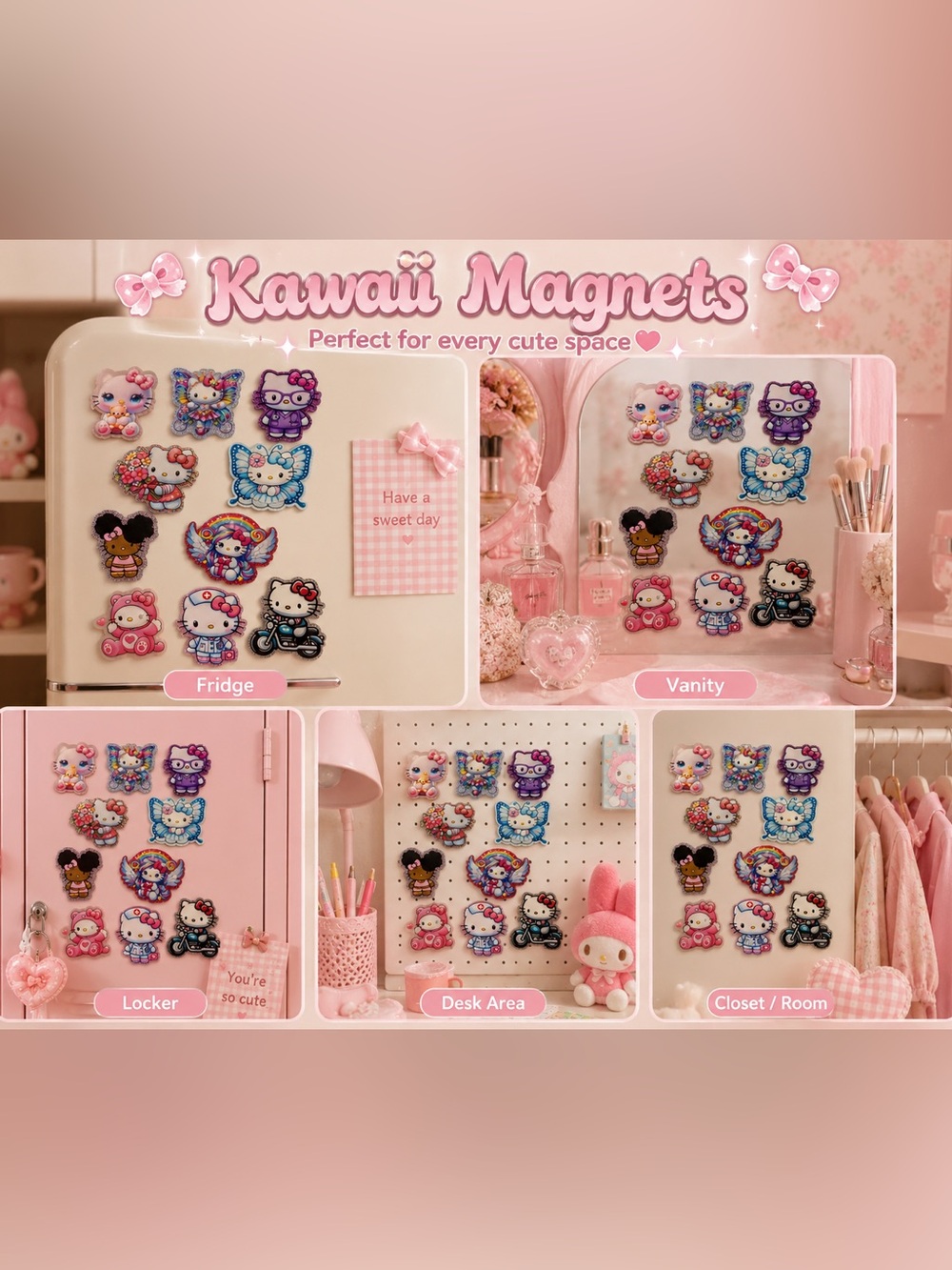 Set of 10- Sanrio hello kitty pink Kawaii Magnets Set - Cute Pink Magnetic gift